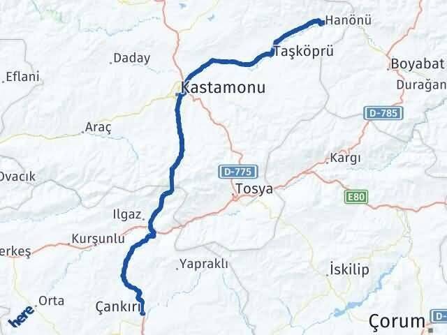 Kastamonu Hanönü Çankırı Arası Kaç Km - Yol Haritası