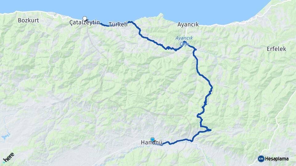 Kastamonu Hanönü Çatalzeytin Arası Kaç Km - Yol Haritası