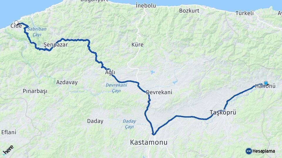 Kastamonu Hanönü Cide Arası Kaç Km - Yol Haritası
