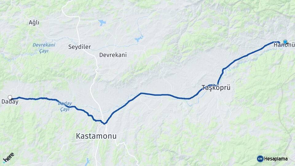 Kastamonu Hanönü Daday Arası Kaç Km - Yol Haritası