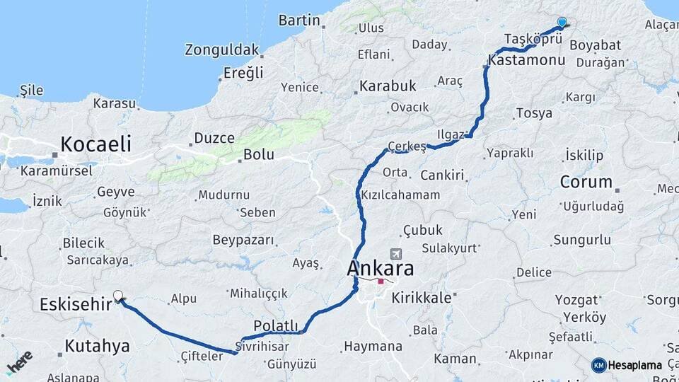 Kastamonu Hanönü Eskişehir Arası Kaç Km - Yol Haritası