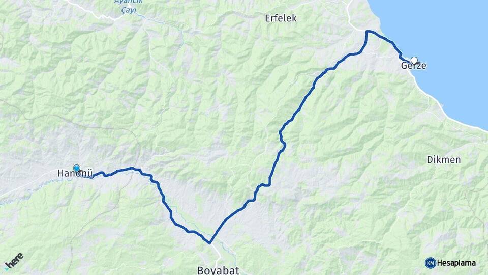 Kastamonu Hanönü Gerze Sinop Arası Kaç Km - Yol Haritası