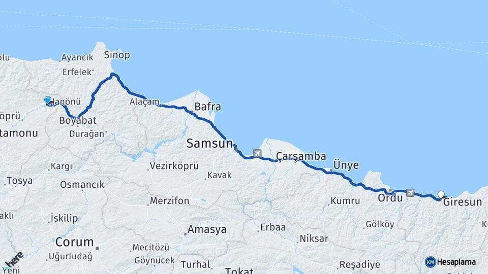Kastamonu Hanönü Giresun Arası Kaç Km - Yol Haritası
