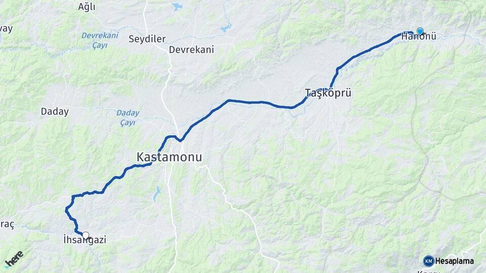 Kastamonu Hanönü İhsangazi Arası Kaç Km - Yol Haritası