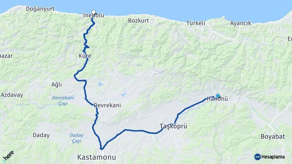 Kastamonu Hanönü İnebolu Arası Kaç Km - Yol Haritası