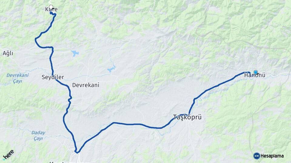 Kastamonu Hanönü Küre Arası Kaç Km - Yol Haritası