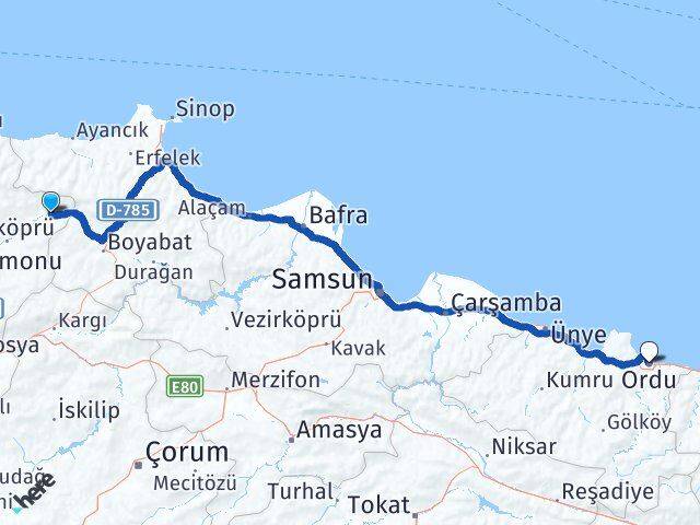 Kastamonu Hanönü Ordu Arası Kaç Km - Yol Haritası