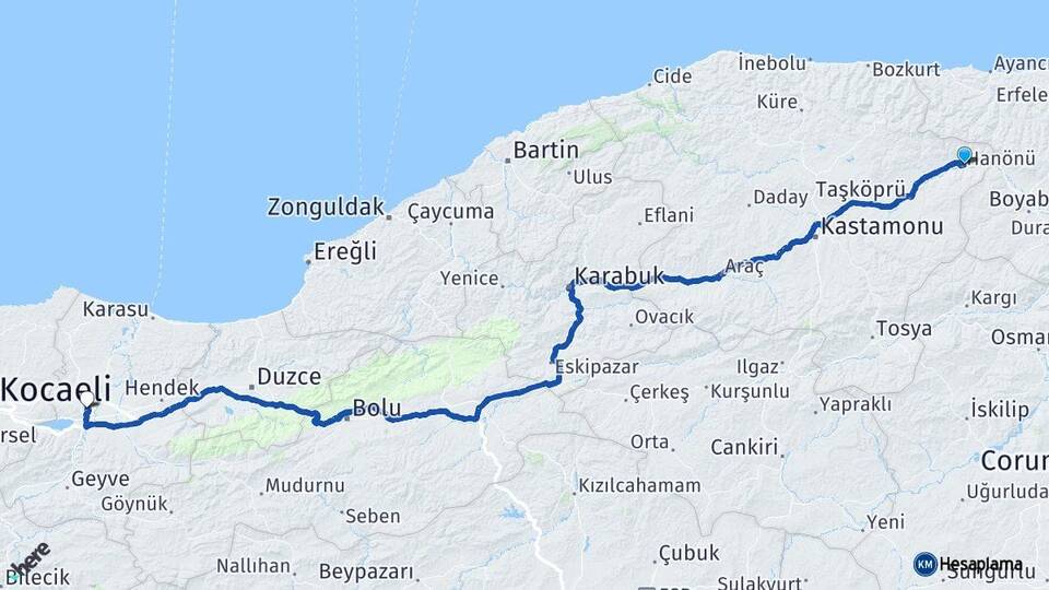 Kastamonu Hanönü Sakarya Arası Kaç Km - Yol Haritası