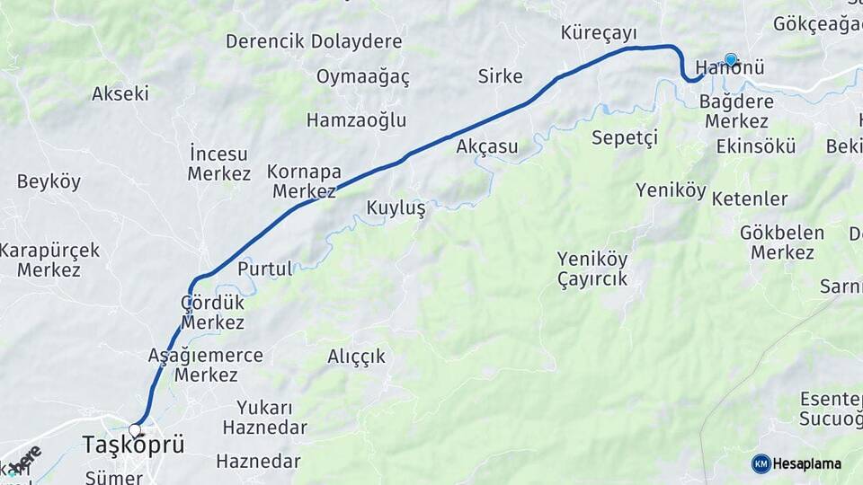 Kastamonu Hanönü Taşköprü Arası Kaç Km - Yol Haritası