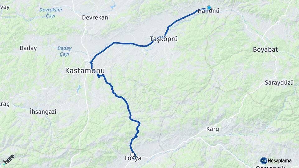 Kastamonu Hanönü Tosya Arası Kaç Km - Yol Haritası