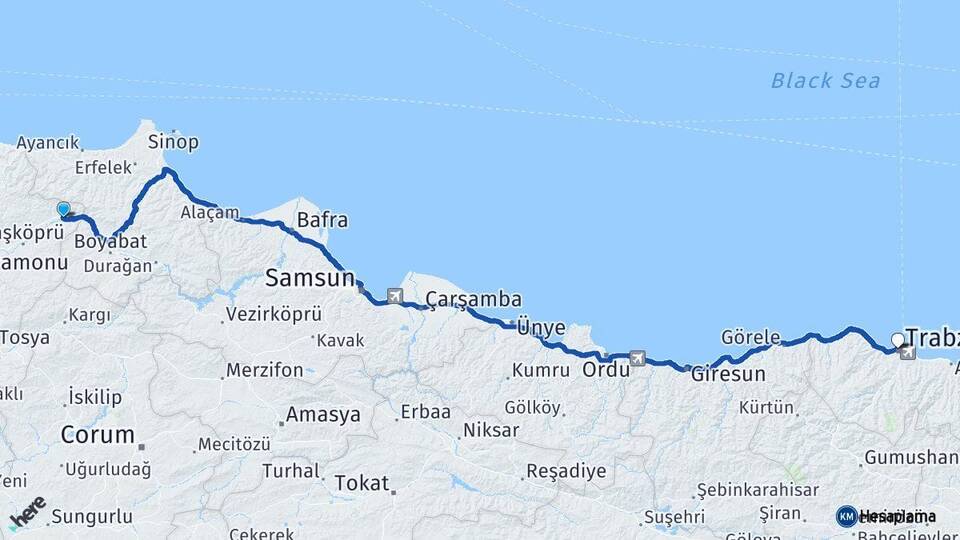 Kastamonu Hanönü Trabzon Arası Kaç Km - Yol Haritası