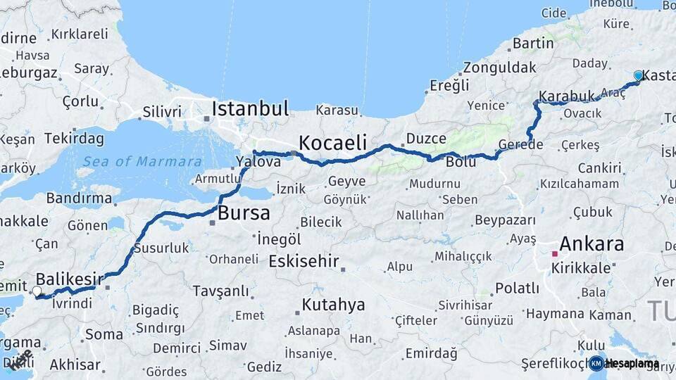 Kastamonu Havran Balıkesir Arası Kaç Km - Yol Haritası