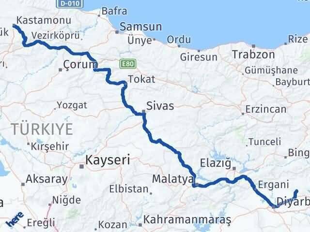 Kastamonu Hazro Diyarbakır Arası Kaç Km - Yol Haritası
