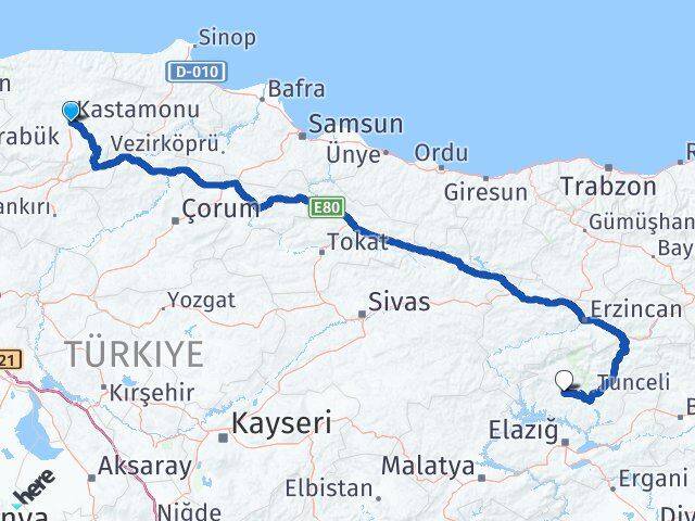 Kastamonu Hozat Tunceli Arası Kaç Km - Yol Haritası