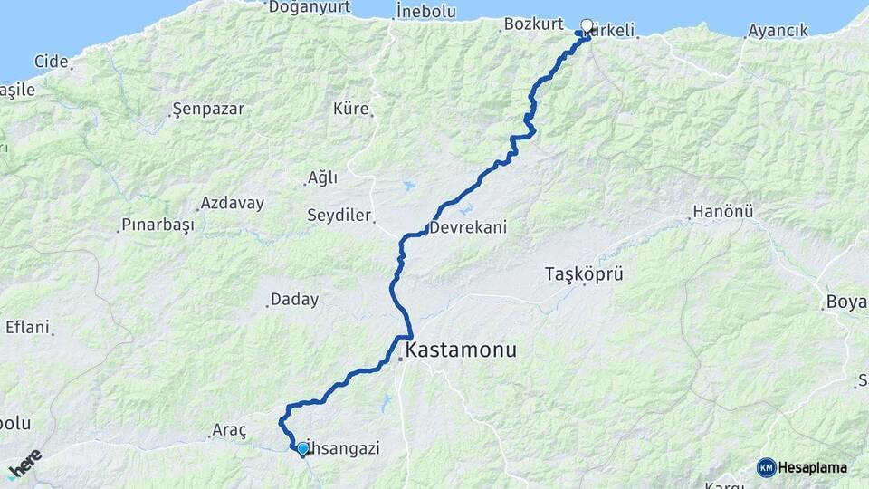 Kastamonu İhsangazi Çatalzeytin Arası Kaç Km - Yol Haritası