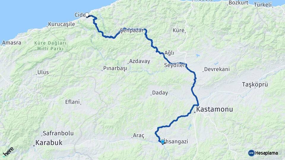 Kastamonu İhsangazi Cide Arası Kaç Km - Yol Haritası