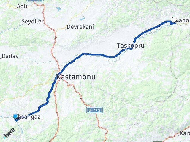 Kastamonu İhsangazi Hanönü Arası Kaç Km - Yol Haritası