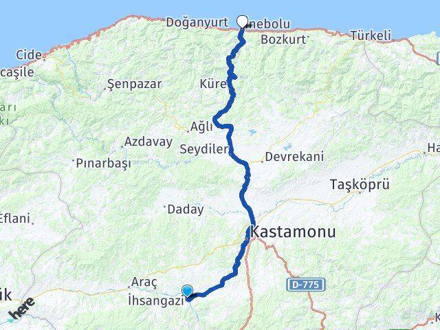 Kastamonu İhsangazi İnebolu Arası Kaç Km - Yol Haritası