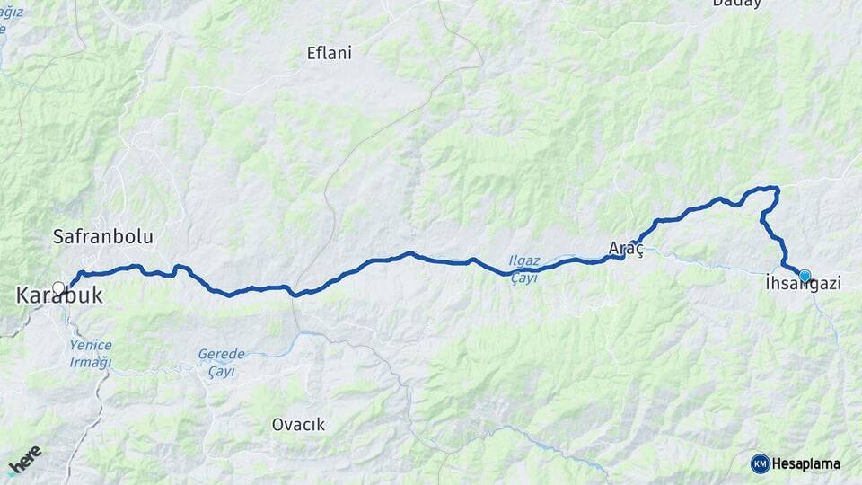 Kastamonu İhsangazi Karabük Arası Kaç Km - Yol Haritası