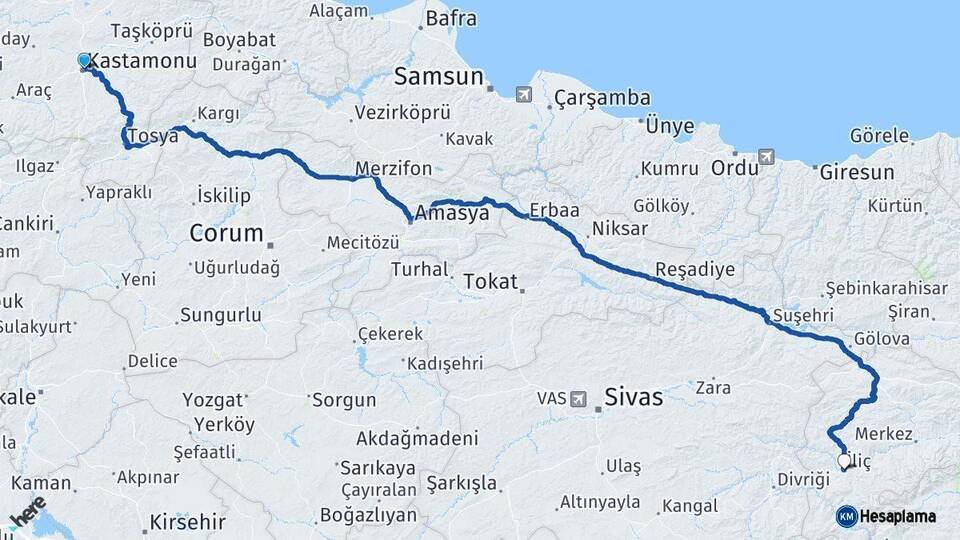 Kastamonu İliç Erzincan Arası Kaç Km - Yol Haritası