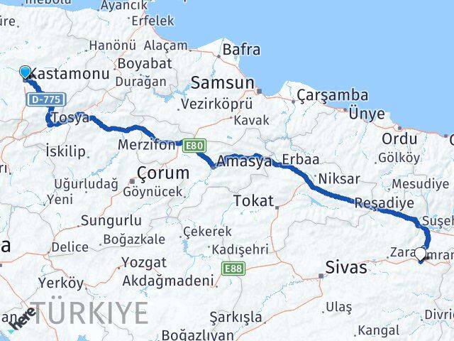 Kastamonu İmranlı Sivas Arası Kaç Km - Yol Haritası