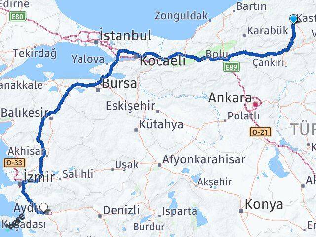 Kastamonu İncirliova Aydın Arası Kaç Km - Yol Haritası