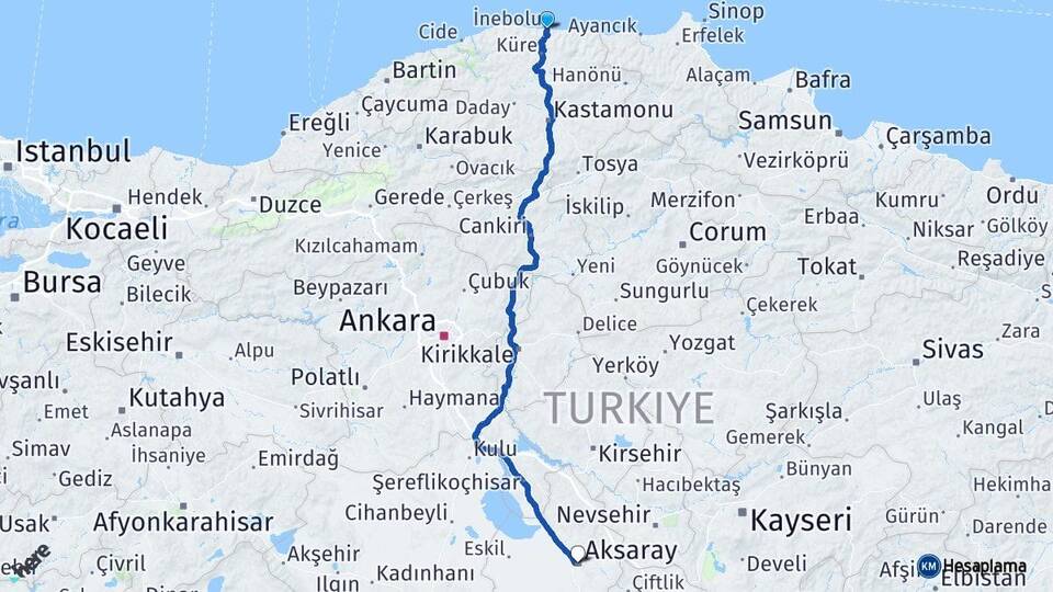 Kastamonu İnebolu Aksaray Arası Kaç Km - Yol Haritası