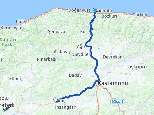 Kastamonu İnebolu Araç Arası Kaç Km - Yol Haritası