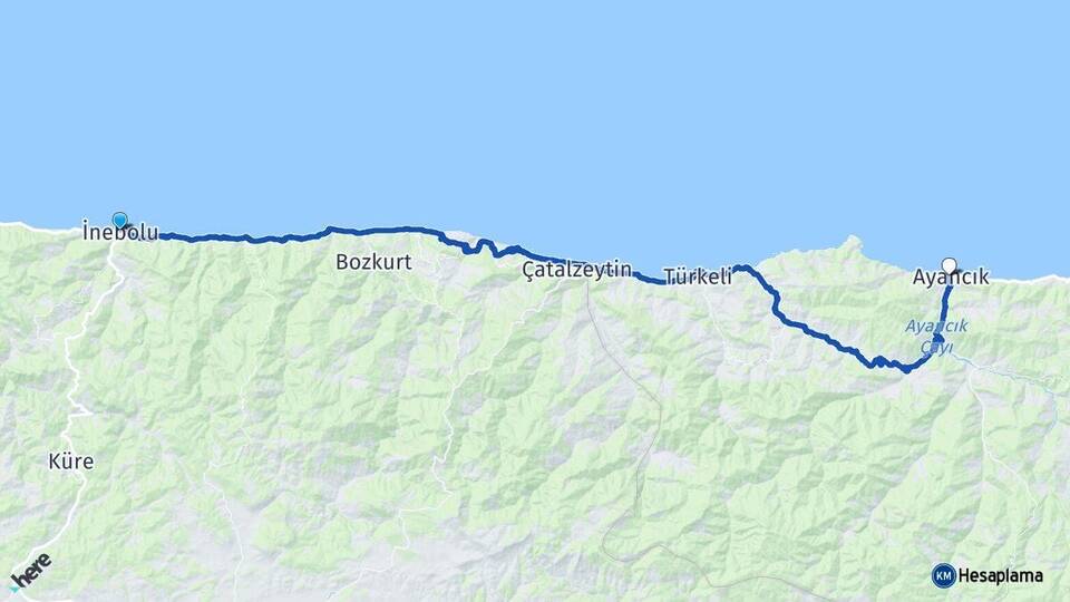 Kastamonu İnebolu Ayancık Sinop Arası Kaç Km - Yol Haritası
