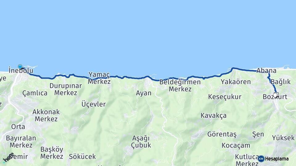 Kastamonu İnebolu Bozkurt Arası Kaç Km - Yol Haritası