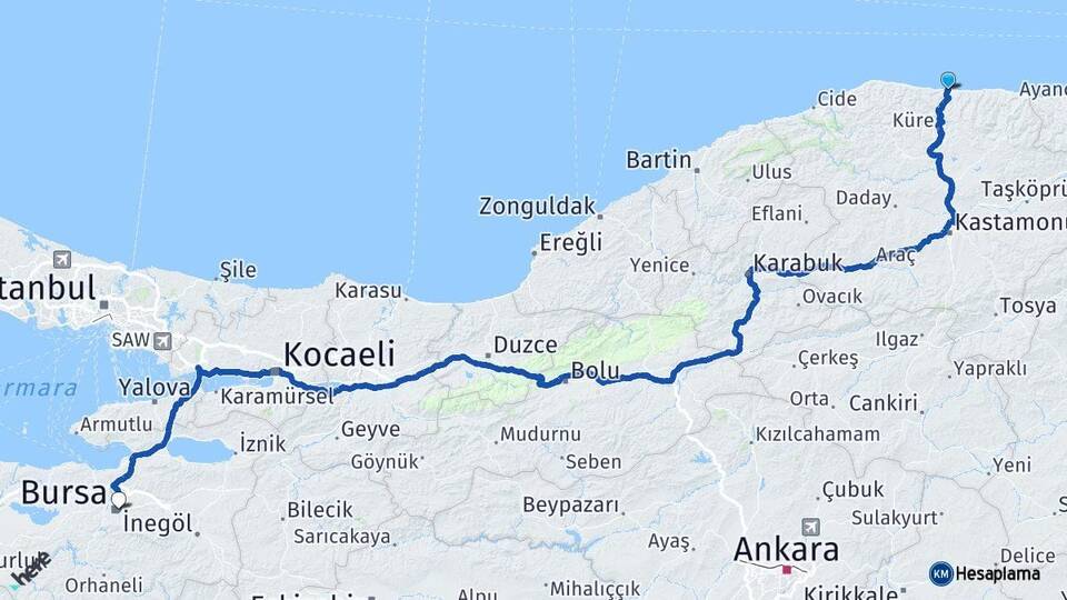 Kastamonu İnebolu Bursa Arası Kaç Km - Yol Haritası