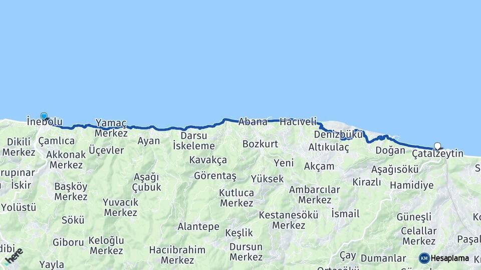 Kastamonu İnebolu Çatalzeytin Arası Kaç Km - Yol Haritası