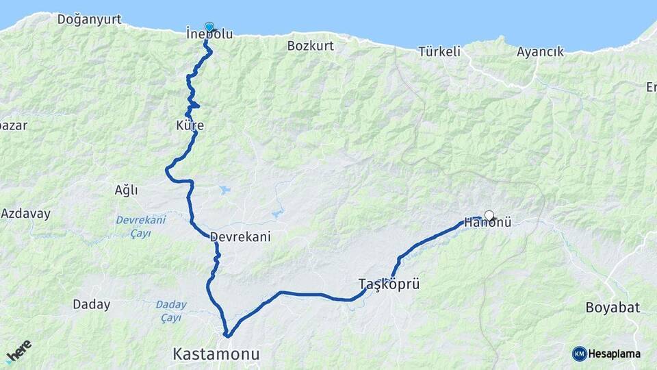 Kastamonu İnebolu Hanönü Arası Kaç Km - Yol Haritası