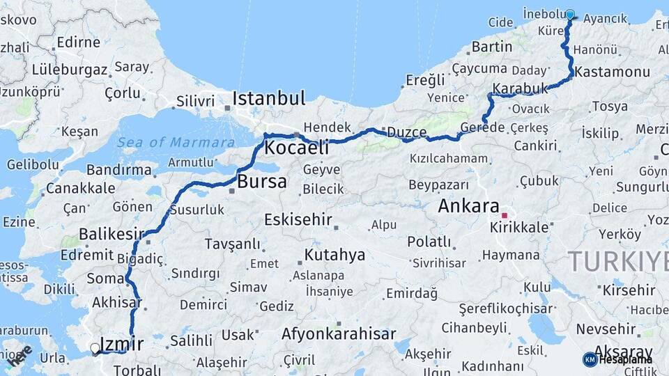 Kastamonu İnebolu İzmir Arası Kaç Km - Yol Haritası