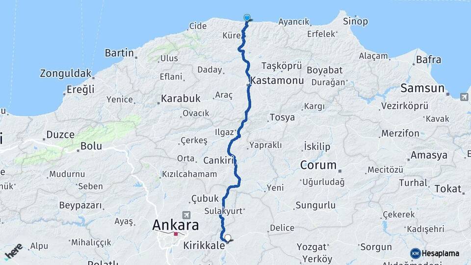 Kastamonu İnebolu Kırıkkale Arası Kaç Km - Yol Haritası