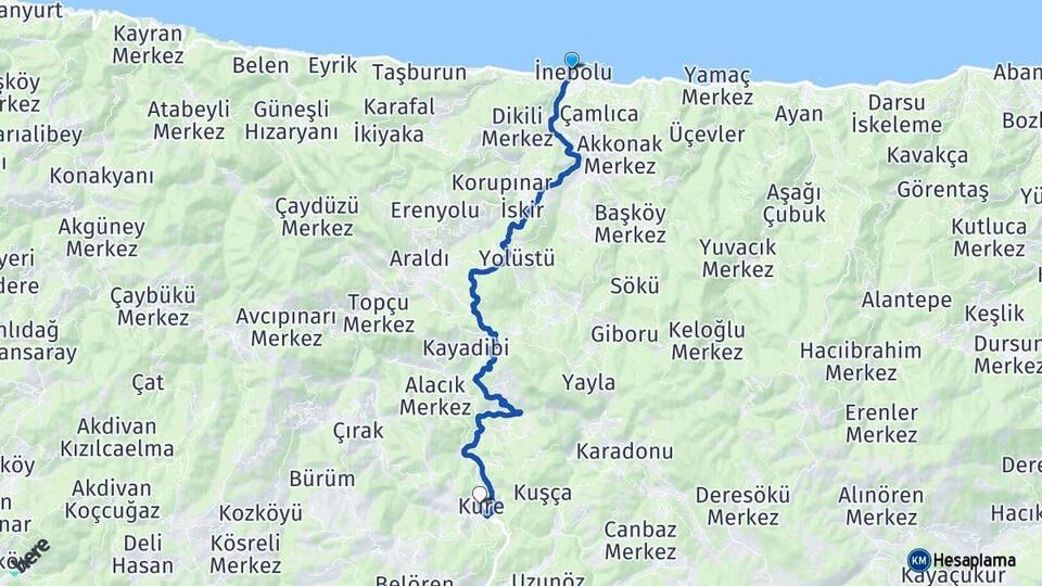 Kastamonu İnebolu Küre Arası Kaç Km - Yol Haritası