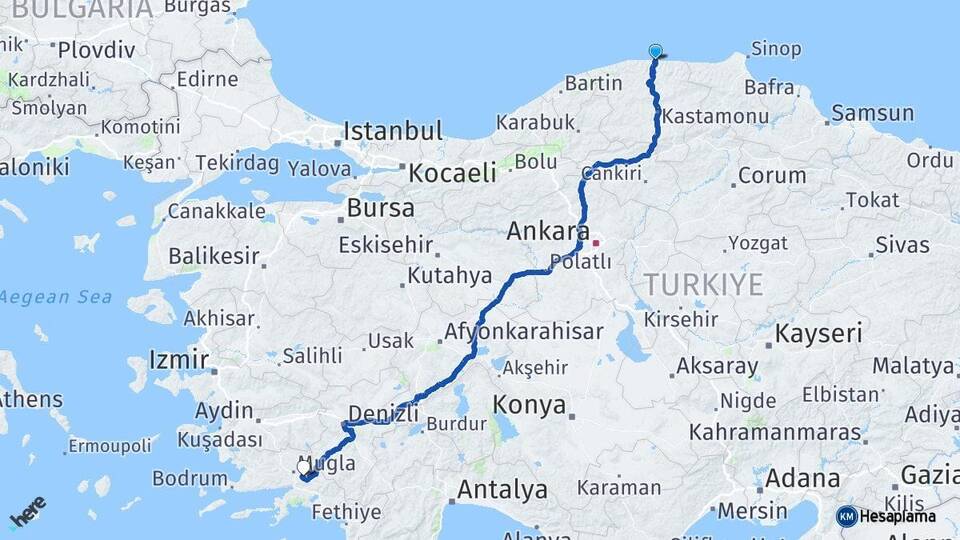 Kastamonu İnebolu Muğla Arası Kaç Km - Yol Haritası