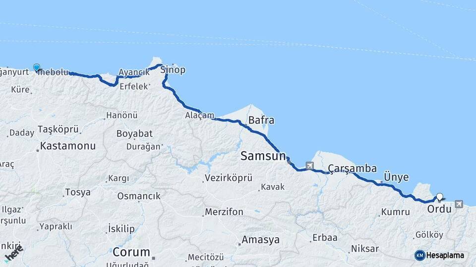 Kastamonu İnebolu Ordu Arası Kaç Km - Yol Haritası