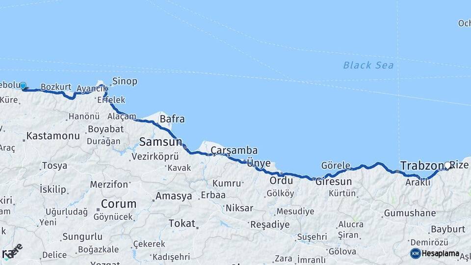 Kastamonu İnebolu Rize Arası Kaç Km - Yol Haritası