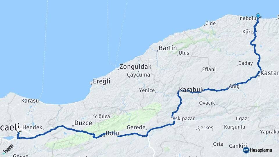 Kastamonu İnebolu Sakarya Arası Kaç Km - Yol Haritası