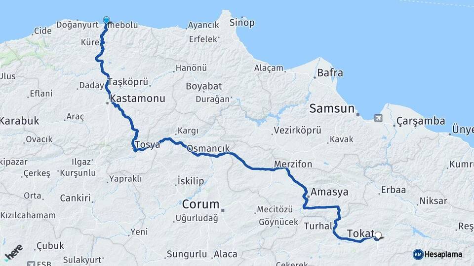 Kastamonu İnebolu Tokat Arası Kaç Km - Yol Haritası