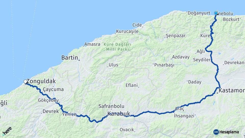 Kastamonu İnebolu Zonguldak Arası Kaç Km - Yol Haritası