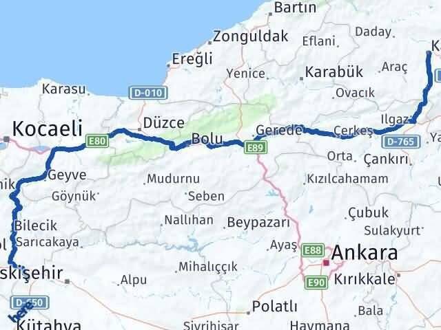 Kastamonu İnönü Eskişehir Arası Kaç Km - Yol Haritası