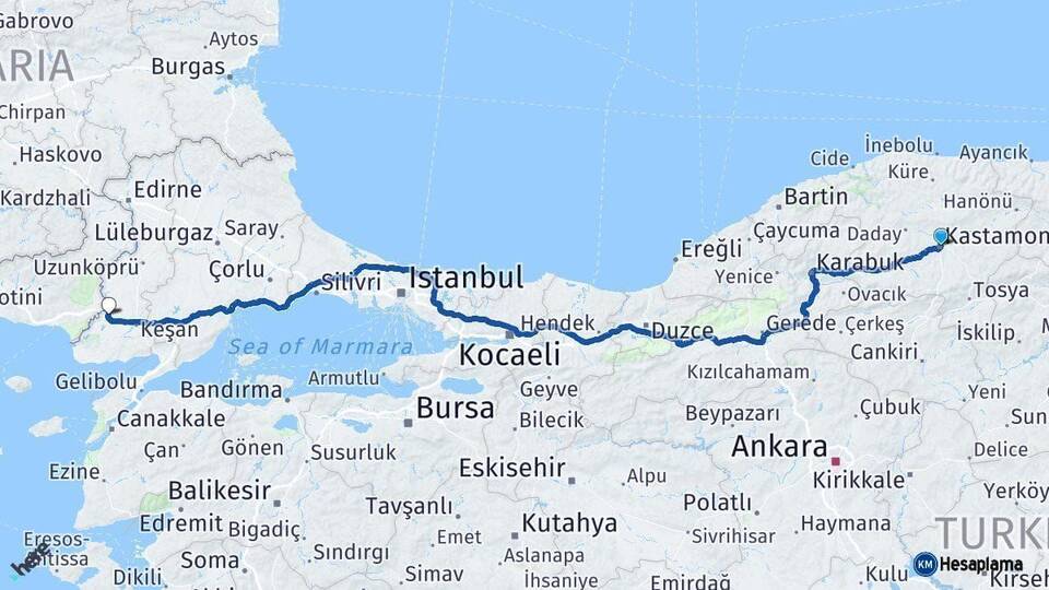 Kastamonu İpsala Edirne Arası Kaç Km - Yol Haritası