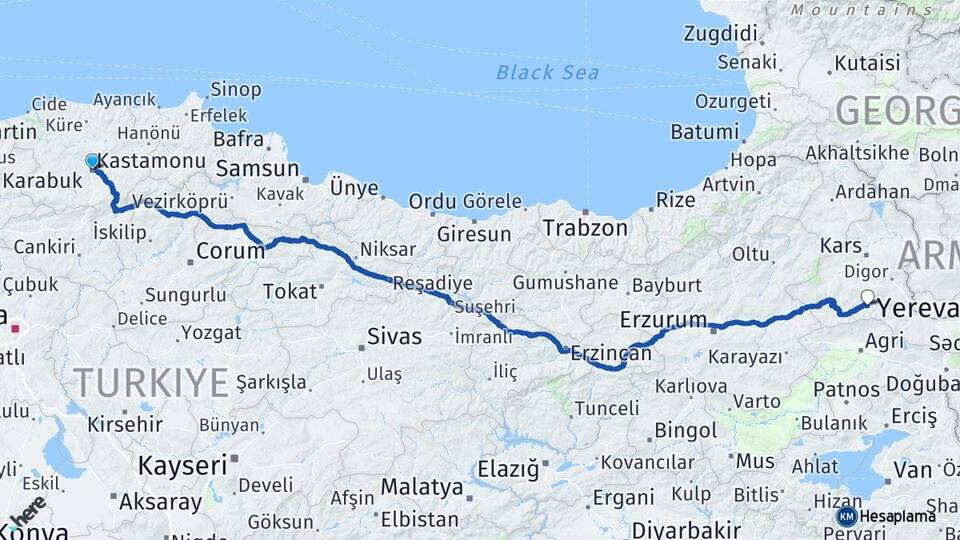 Kastamonu Kağızman Kars Arası Kaç Km - Yol Haritası