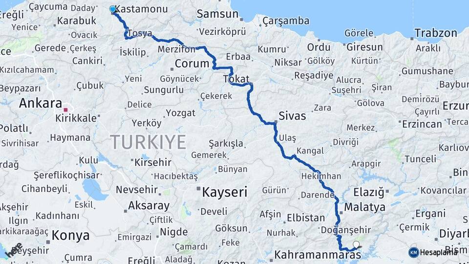 Kastamonu Kahta Adıyaman Arası Kaç Km - Yol Haritası