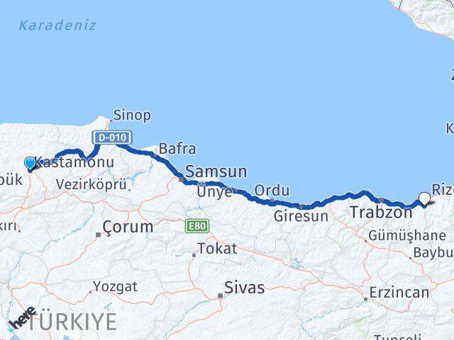 Kastamonu Kalkandere Rize Arası Kaç Km - Yol Haritası