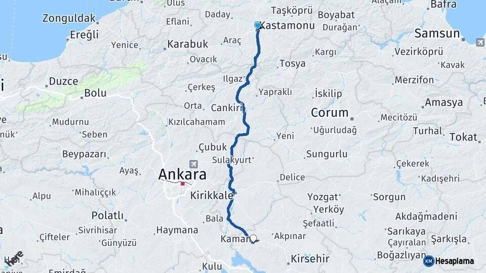 Kastamonu Kaman Kırşehir Arası Kaç Km - Yol Haritası