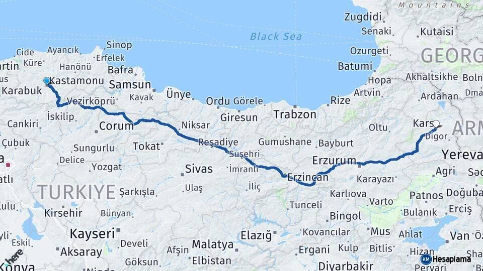 Kastamonu Kars Arası Kaç Km - Yol Haritası