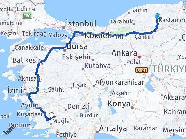 Kastamonu Kavaklıdere Muğla Arası Kaç Km - Yol Haritası